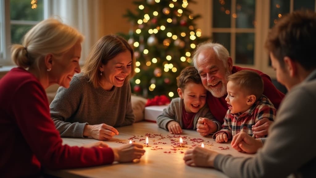 Family laughing together while playing Christmas games around a decorated living room