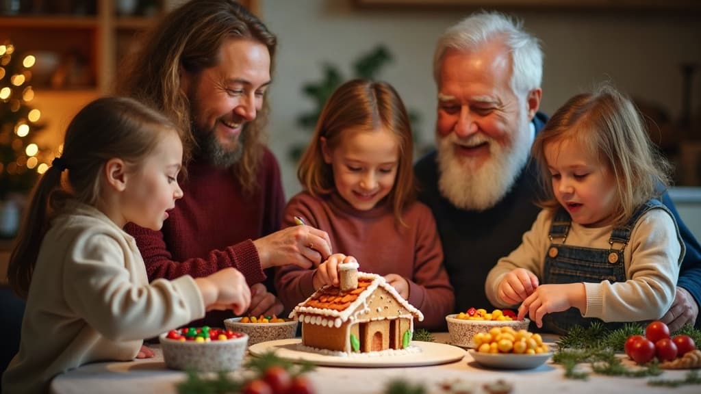 Children and grandparents decorating gingerbread houses together