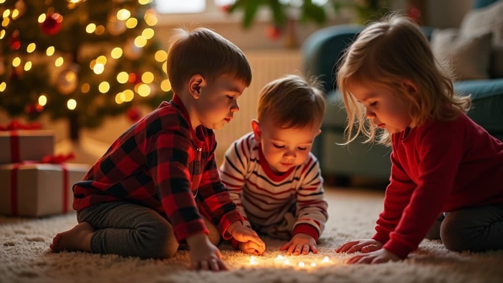 Children in pajamas searching for Christmas scavenger hunt clues beside a decorated tree