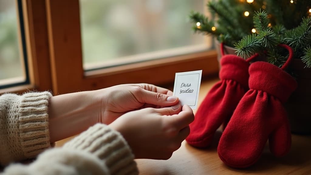 Parent hiding a Christmas scavenger hunt clue beside a mitten basket