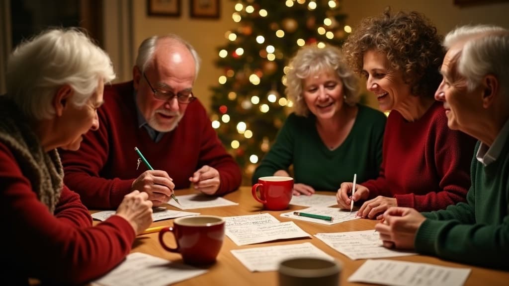 Familia reunida alrededor de una mesa navideña jugando trivia con tarjetas y chocolate caliente
