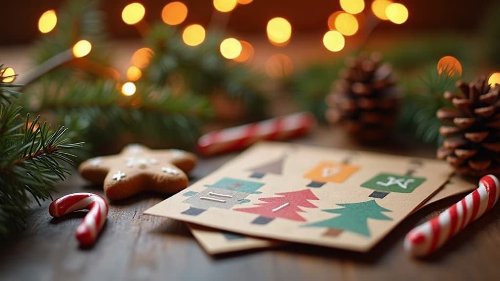 Tarjetas de trivia navideña rodeadas de galletas, bastones de caramelo y ramas de pino