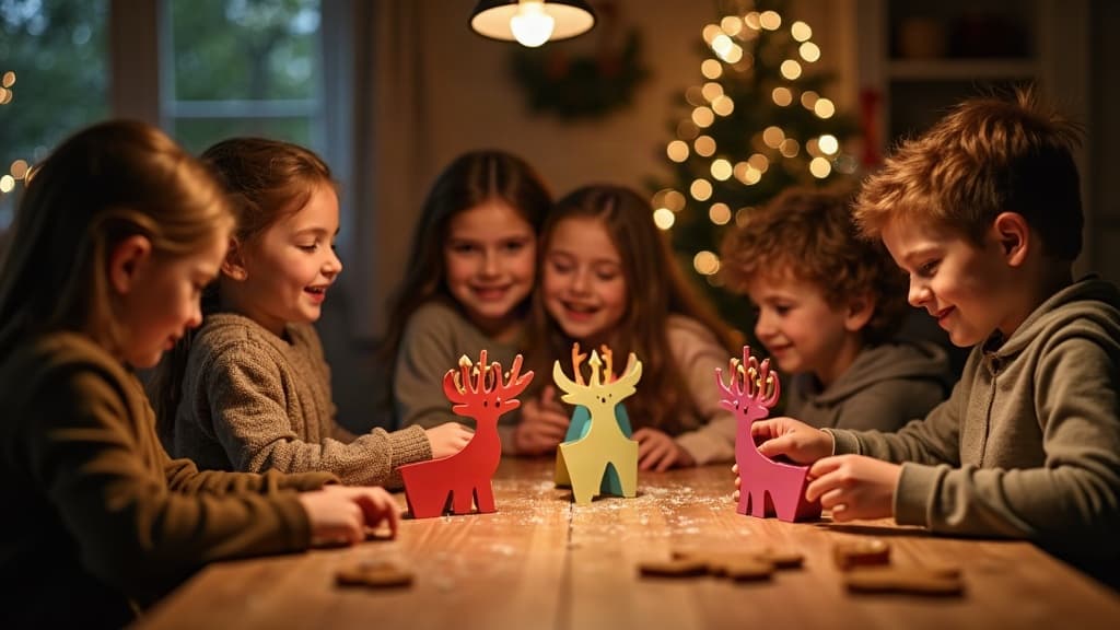 Kinder lesen neben einem geschmückten Weihnachtsbaum ein Weihnachtsbuch über den Weihnachtsmann und seine neun Rentiere