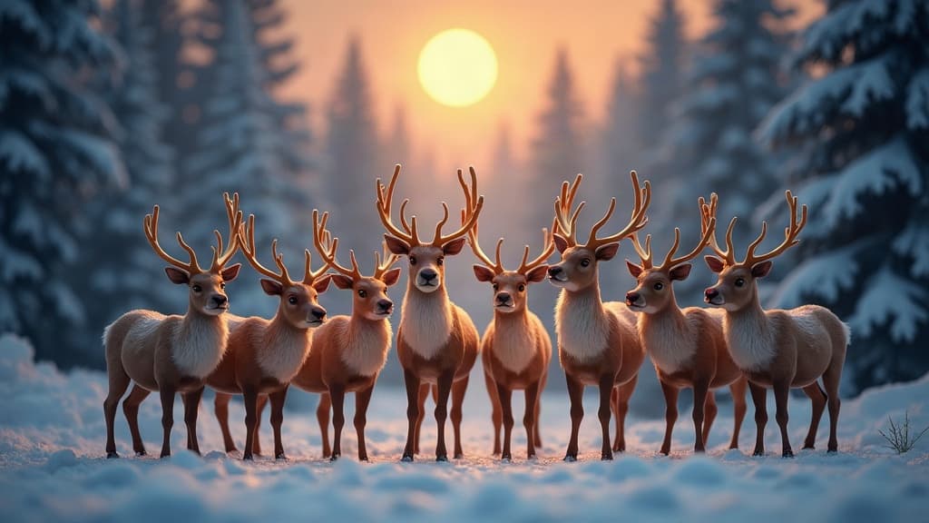 Neun Rentiere stehen an Weihnachten gemeinsam in einem verschneiten Tannenwald