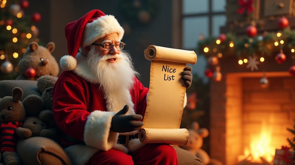 Santa Claus checking his nice list in a cozy Christmas setting