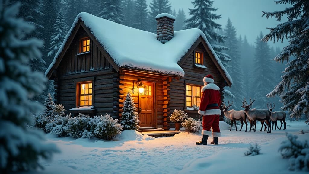 Santa Claus standing outside a cozy snow-covered workshop at the North Pole