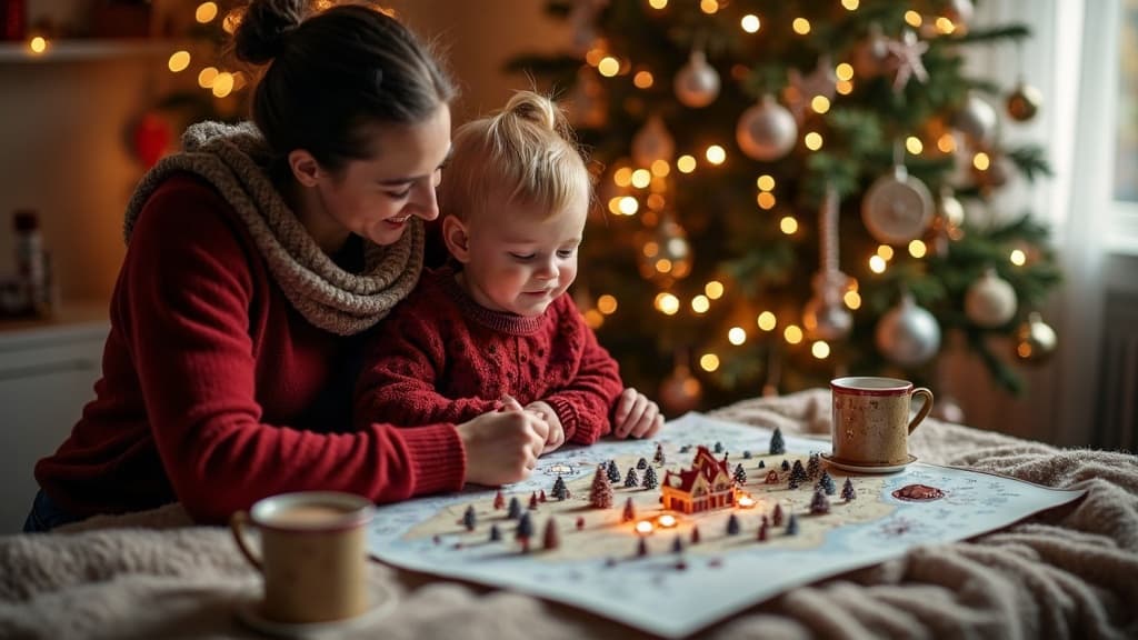 Parent and child imagining Santa's North Pole home together