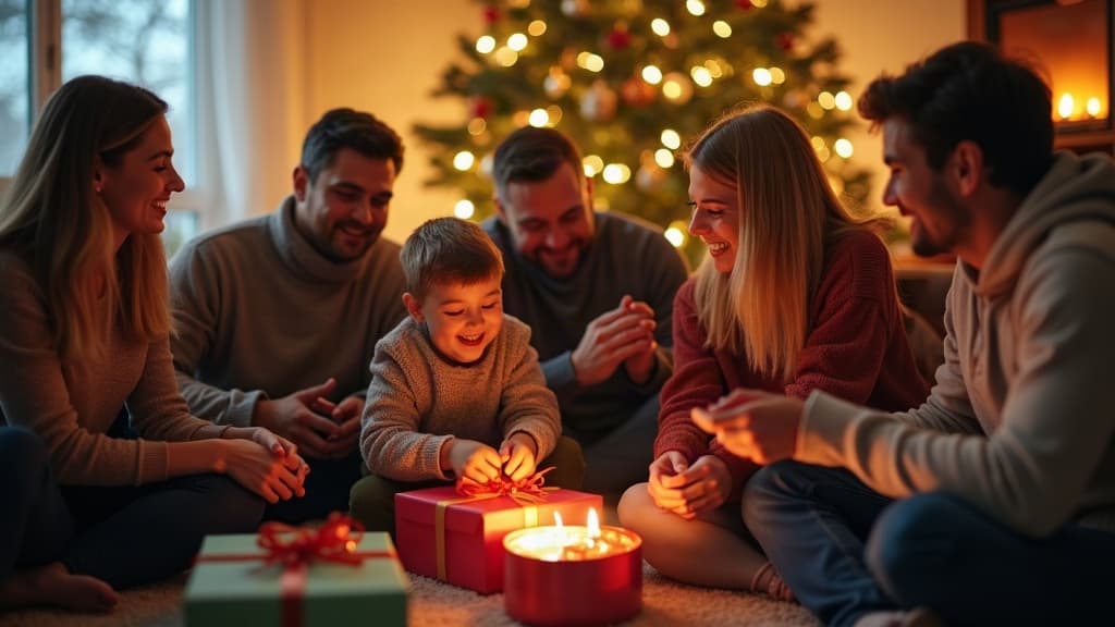 Friends laughing around a Christmas tree while playing a wrapped gift exchange game