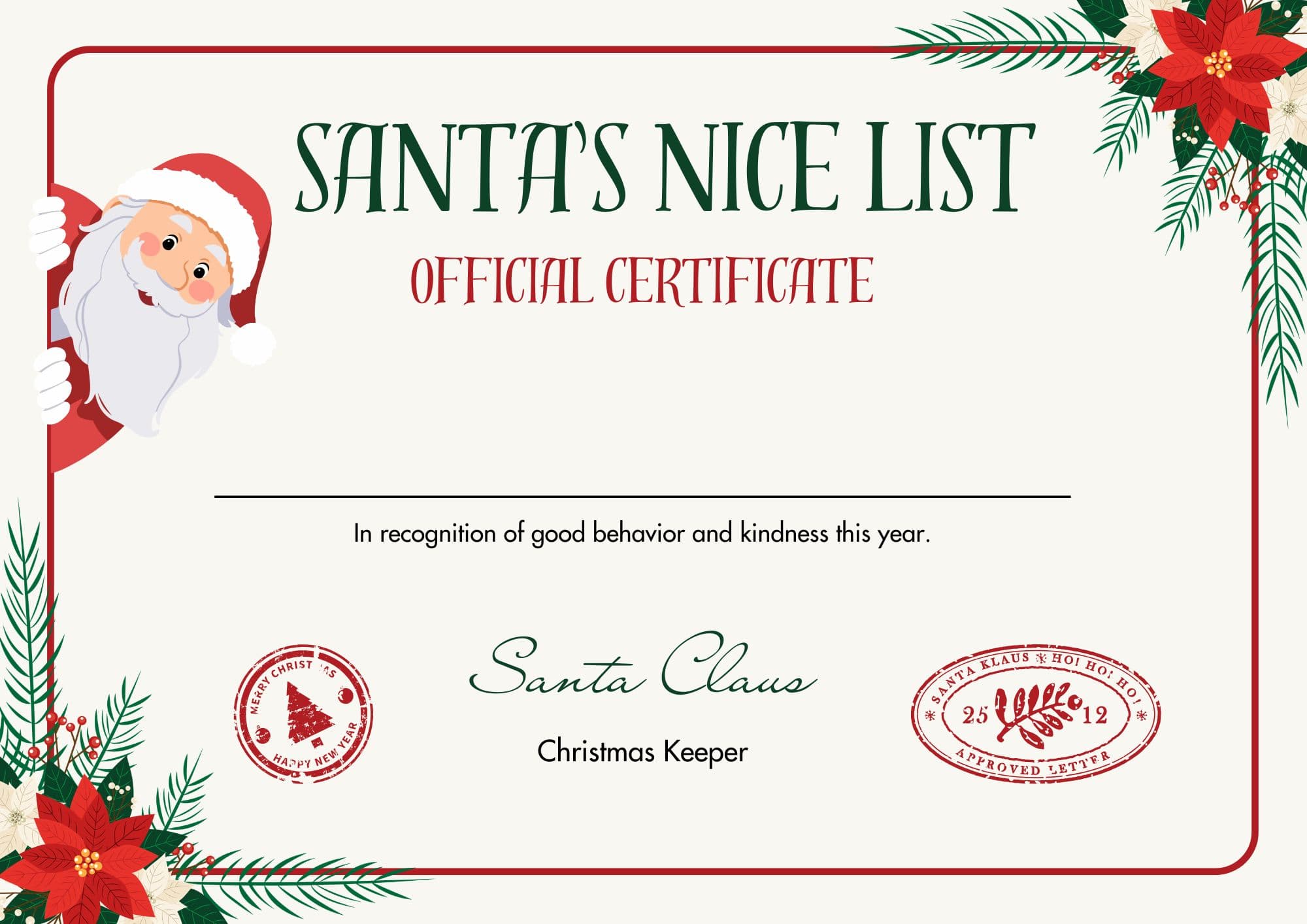 Printable Nice List certificate