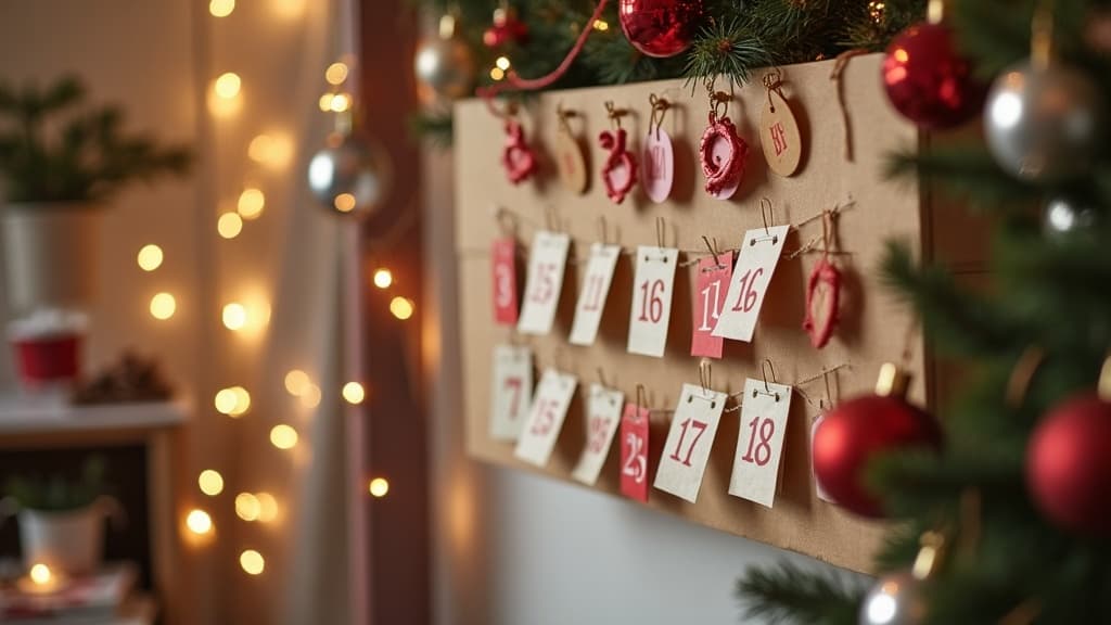 Familia disfrutando de su calendario de adviento casero junto a la chimenea