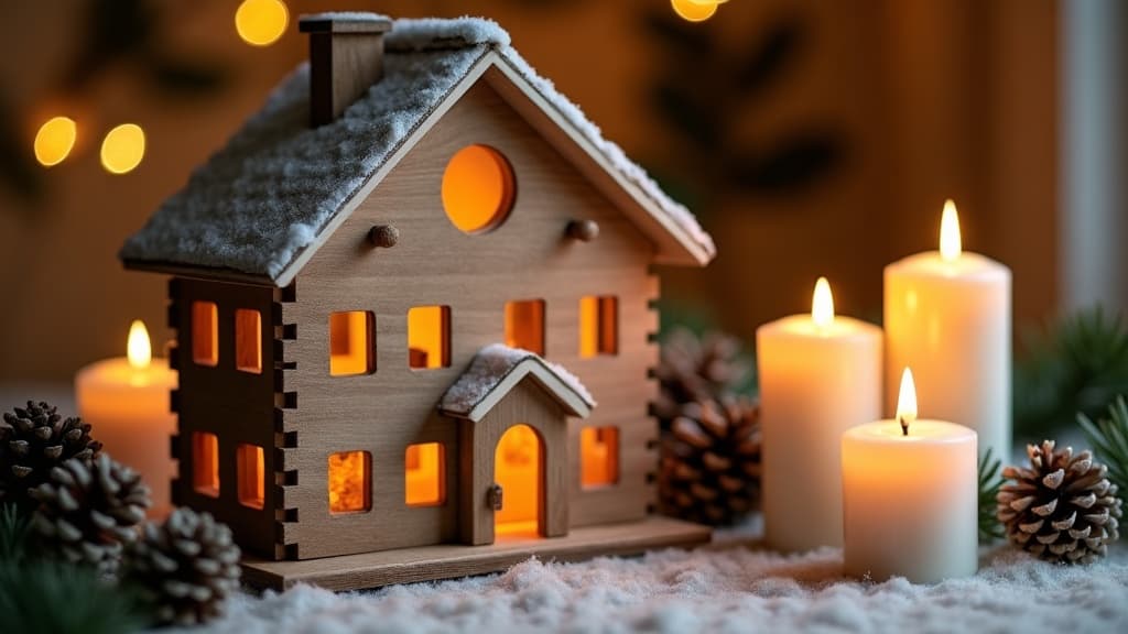 Calendario de adviento de madera con forma de chalet y decoraciones navideñas