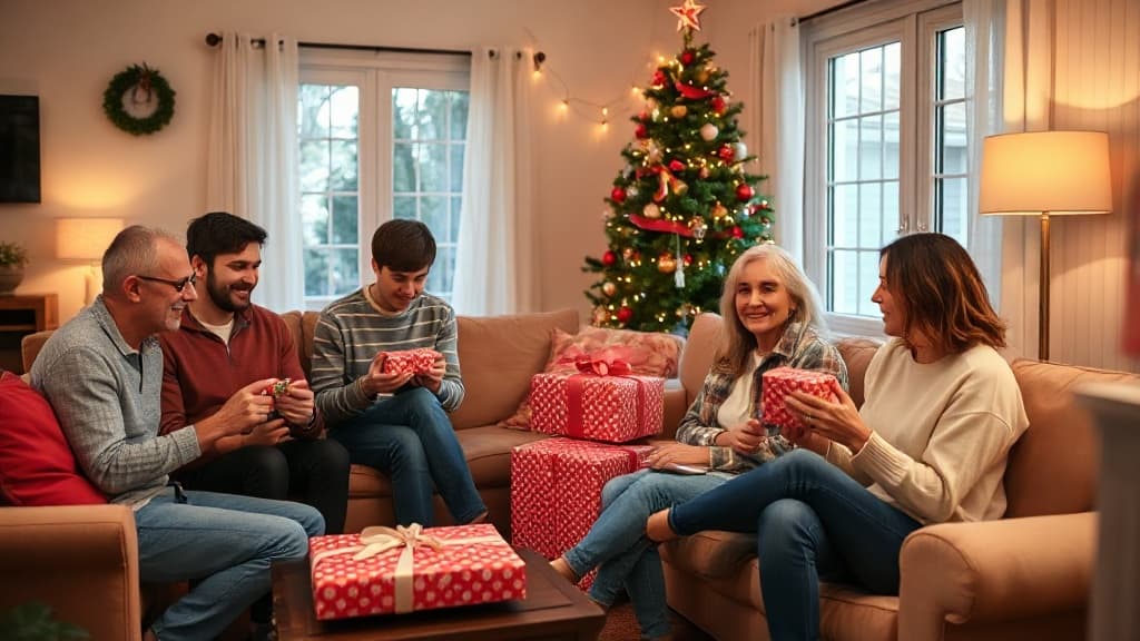 Eine Gruppe von Freunden, die Geschenke um einen Weihnachtsbaum tauschen, und die Freude von Amigo Invisible zeigen.