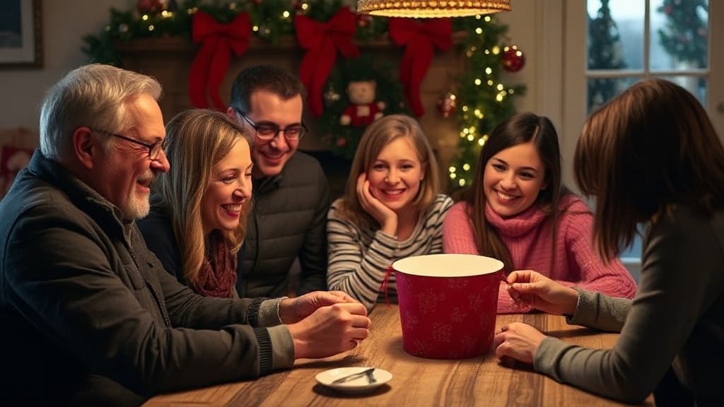 Familie, die Namen für Amigo Invisible zieht, umgeben von Feiertagsdekorationen.