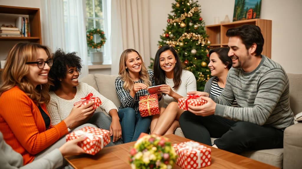 Freunde tauschen Geschenke in einem gemütlichen Weihnachtsambiente und feiern Amigo Secreto