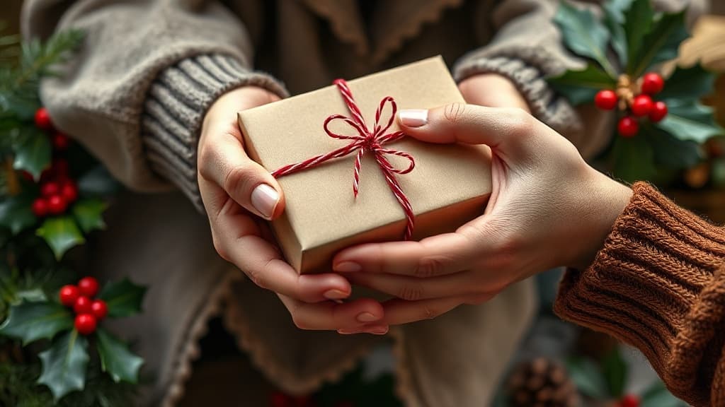 Hände tauschen ein verpacktes Geschenk während Amigo Secreto aus