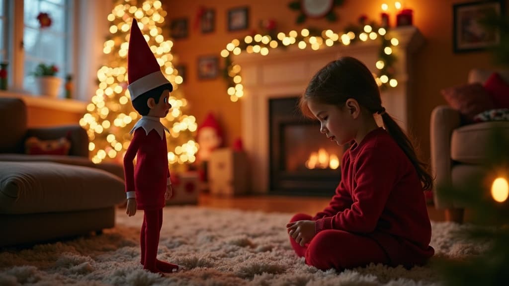 Ein Kind schaut neugierig auf einen Elf on the Shelf mit Weihnachtsdekoration im Hintergrund