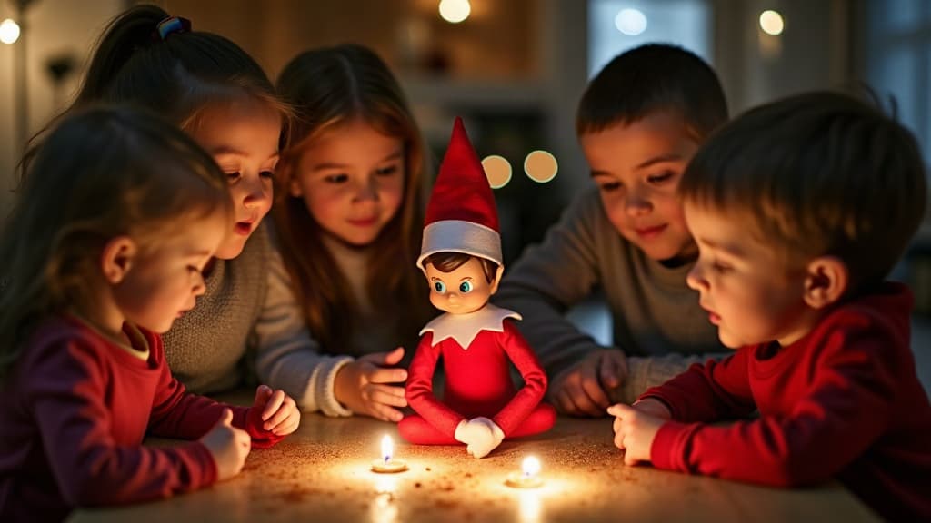 Familie bei einer Zeremonie zur Wiederherstellung der Magie für den Elf on the Shelf
