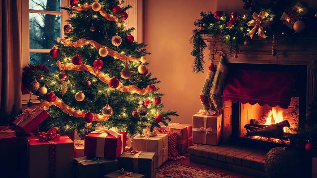 Ein traditioneller Weihnachtsbaum mit Geschenken darunter, symbolisierend Christkind und Weihnachtsmann.