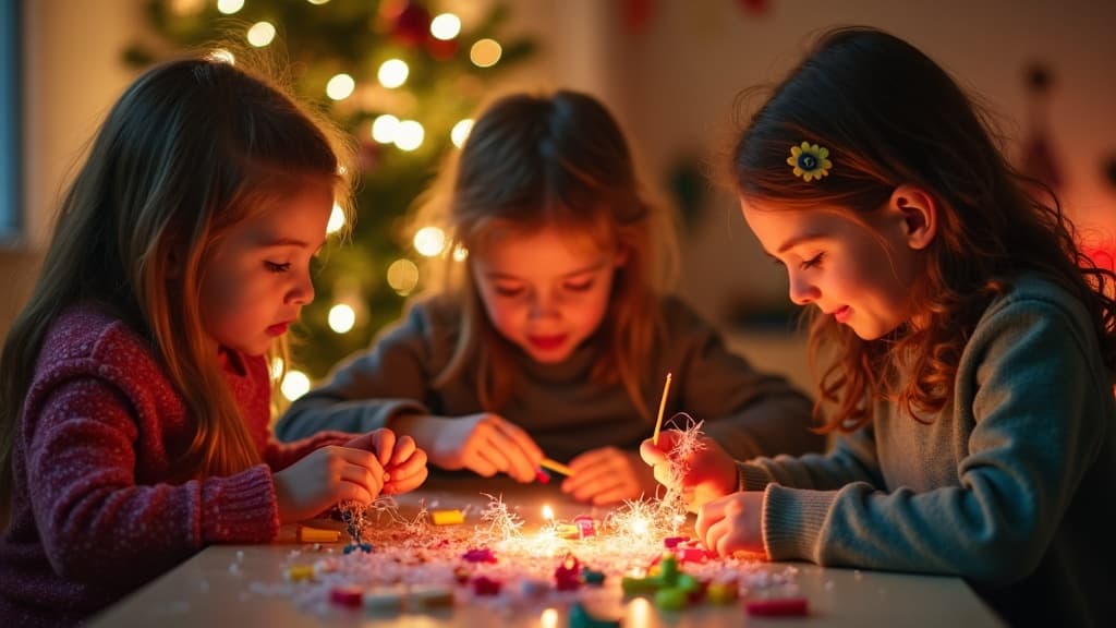 Bambini che si divertono con attività e lavoretti natalizi con decorazioni festive