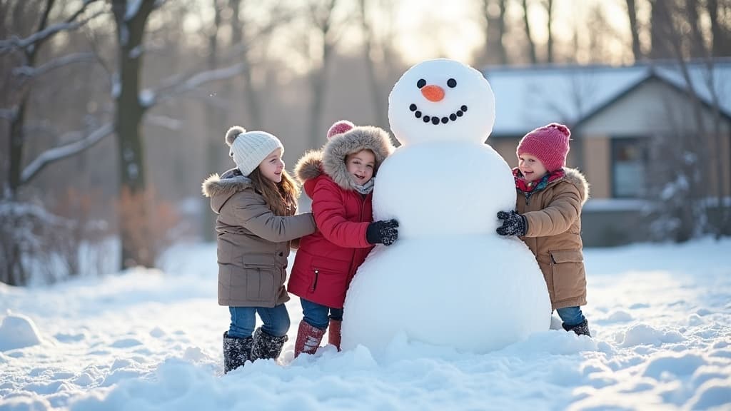 Famiglia che costruisce un pupazzo di neve e gioca nella neve