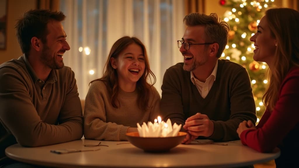 Famille riant en jouant aux mimes de Noël près d’un sapin décoré