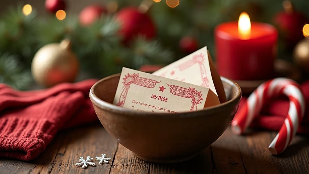 Cartes de mimes de Noël pliées dans un bol avec des décorations festives