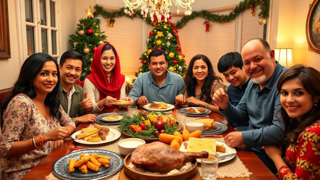 Eine brasilianische Familie feiert Weihnachten mit traditionellem Essen und Dekorationen.