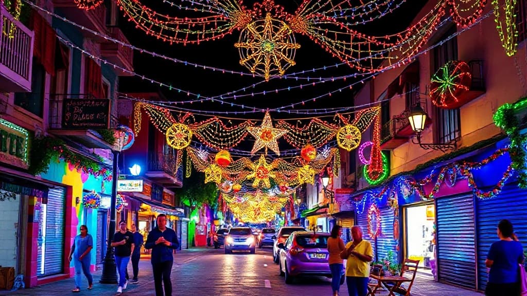 Brazilian street decorated with Christmas lights and ornaments.