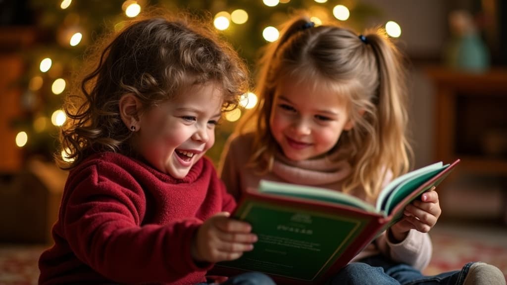 Kinder lachen und lesen Weihnachtswitze am gemütlichen Kamin