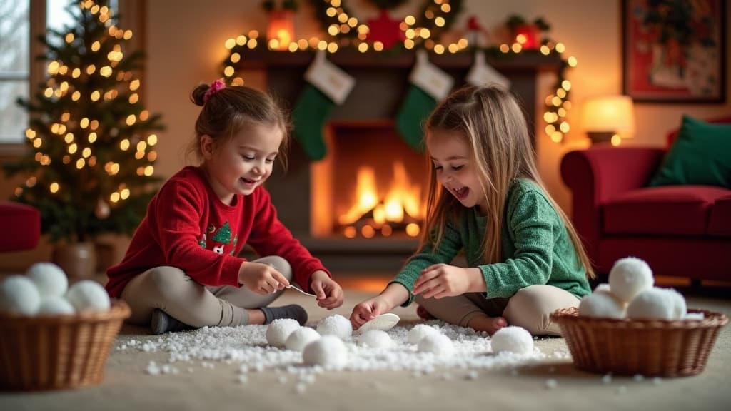 Bambini impegnati in una staffetta con palline di neve durante una festa di Natale al chiuso