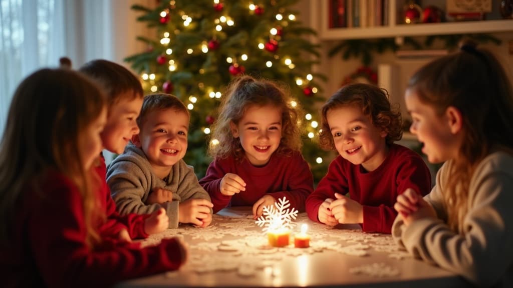 Kinder lachen an einem festlich gedeckten Weihnachtstisch und spielen gemeinsam