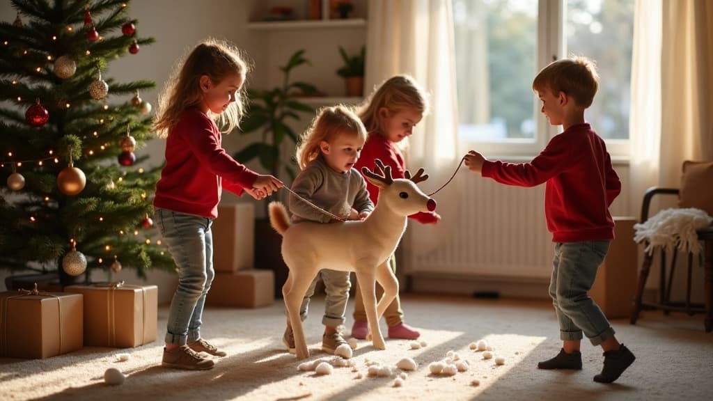 Kinder unterschiedlichen Alters spielen bei einer Weihnachtsfeier eine Rentier-Staffel im Haus