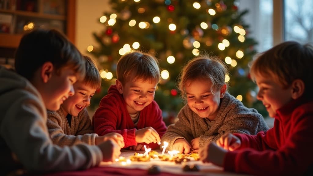 Kinder lachen und lösen Weihnachtsrätsel neben einem geschmückten Weihnachtsbaum
