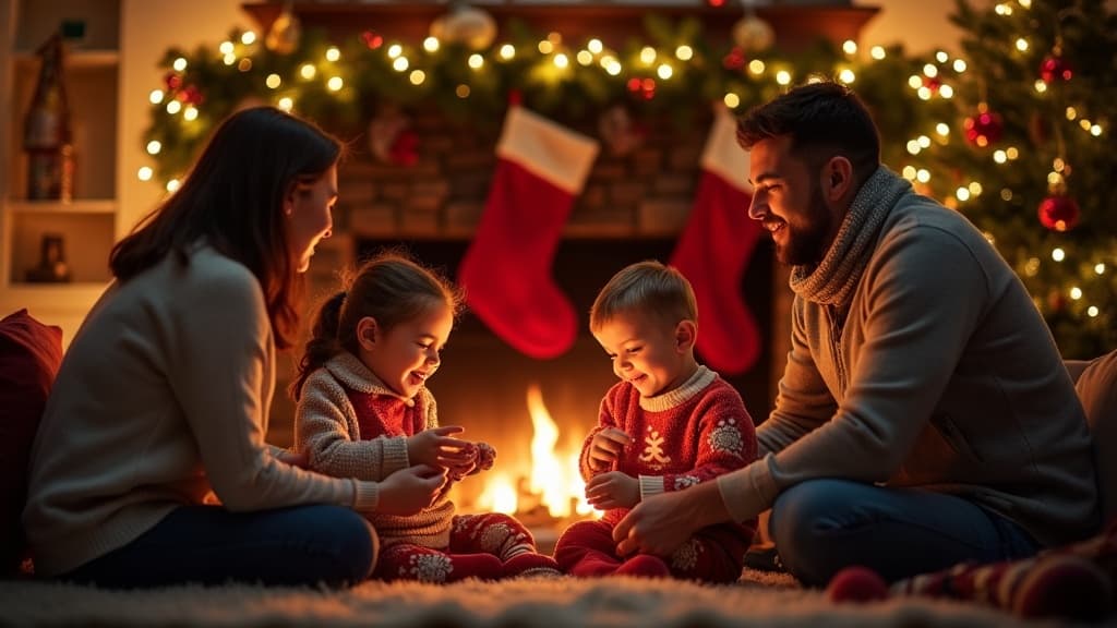 Familie genießt Weihnachtsrätsel am Kamin