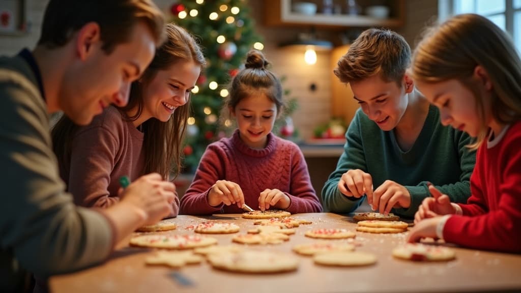 Una familia decorando un árbol de Navidad juntos en una sala acogedora