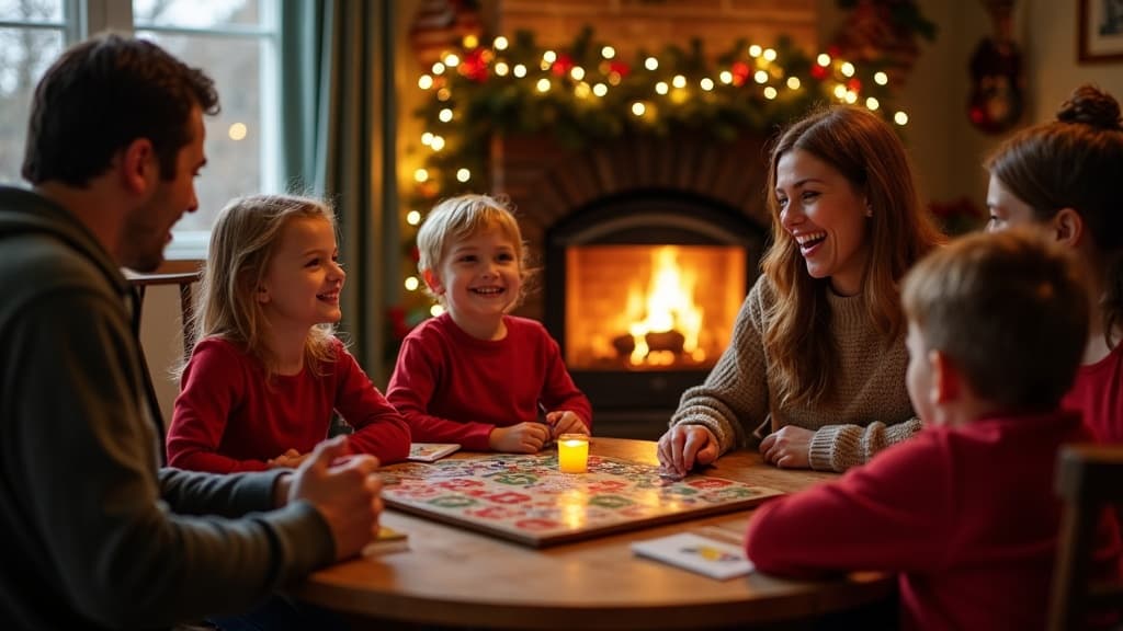 Eine Familie spielt ein Weihnachtsquiz im festlich geschmückten Wohnzimmer.
