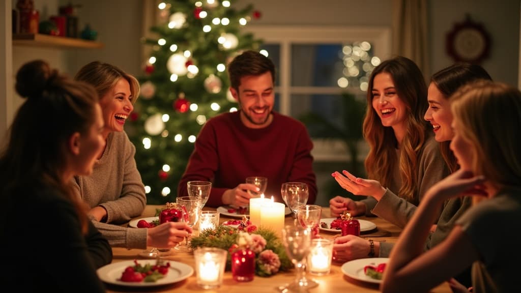 Freunde spielen ein Weihnachtsquiz am festlichen Tisch