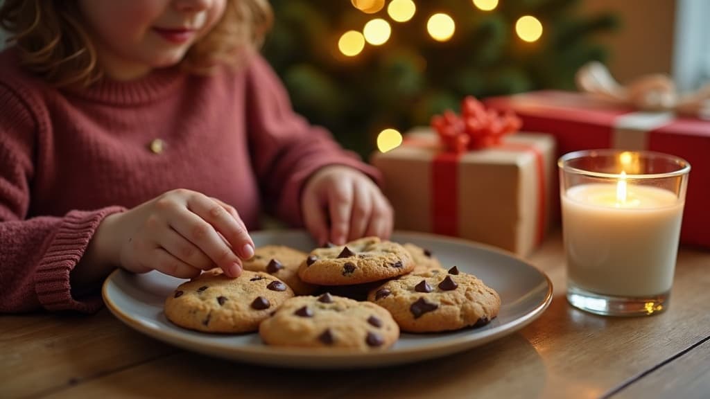 Bambino che mette un piatto di biscotti fatti in casa e un bicchiere accanto all’albero di Natale