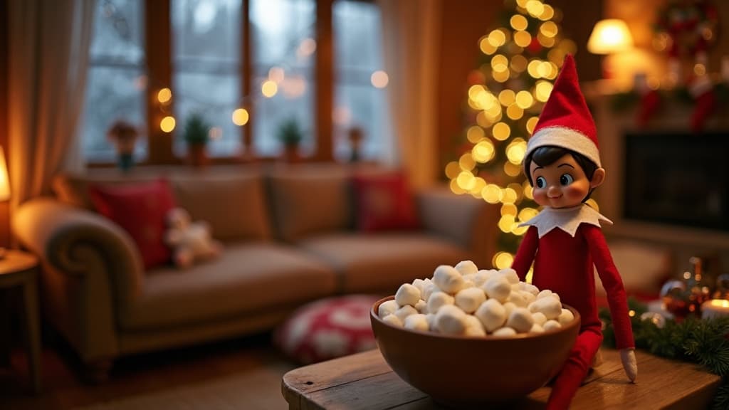 Ein Weihnachtswichtel versteckt sich spielerisch zwischen Weihnachtsdekorationen