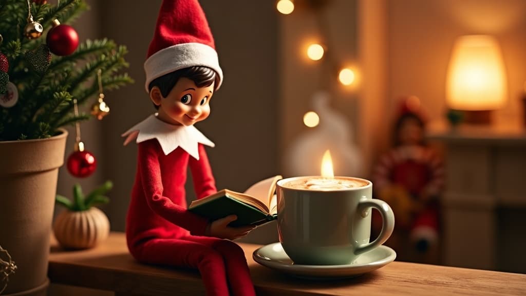 Weihnachtswichtel liest neben einer Tasse Kakao