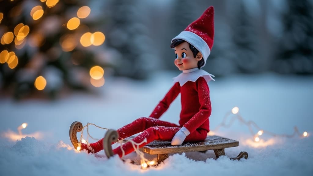 Elf na Półce na saniach w śnieżnej zimowej scenerii