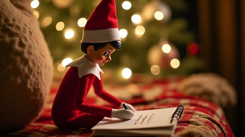 Un Duende Navideño posado cerca de una carta de despedida escrita a mano con decoraciones festivas.