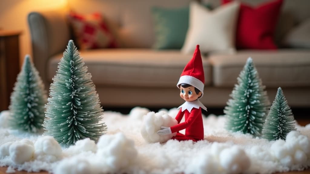 Un montaje divertido del Elfo en el Estante con decoraciones navideñas