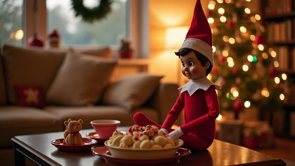 Verspielte Elf-auf-dem-Regal-Szene in einem gemütlichen Wohnzimmer, umgeben von Weihnachtsdekorationen
