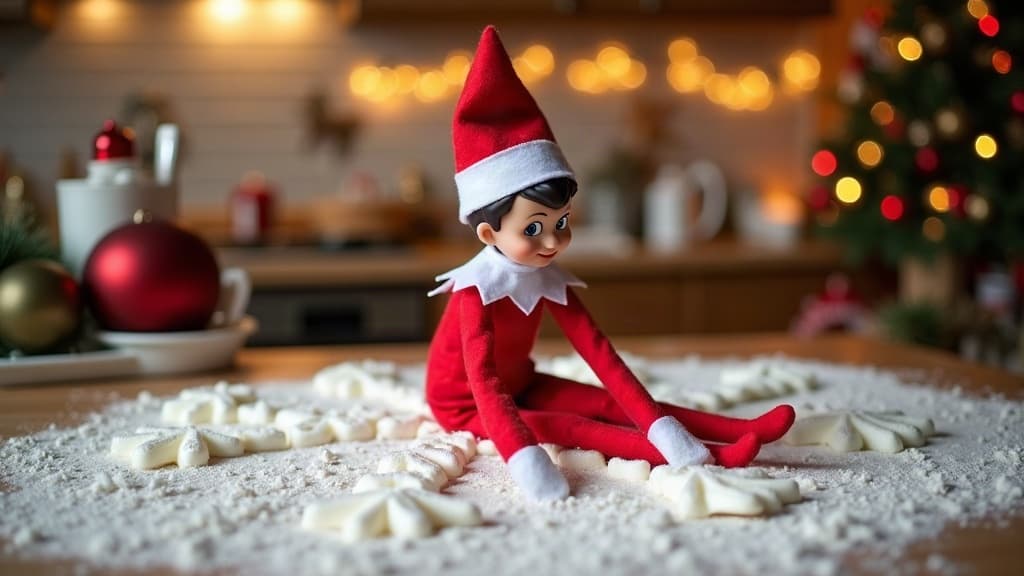 Elf auf dem Regal macht Schneeengel in Mehl