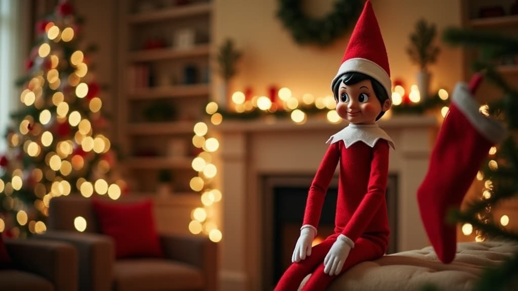Ein verspielter Weihnachts-Elf sitzt auf einem weihnachtlich dekorierten Kaminsims