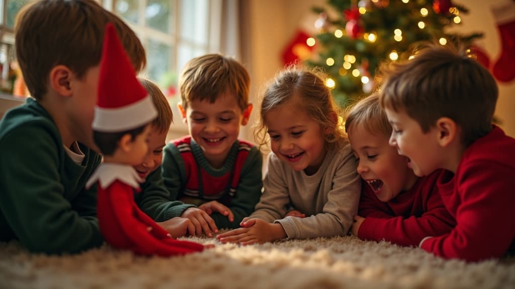Kinder entdecken einen Weihnachts-Elf in einer festlichen Umgebung