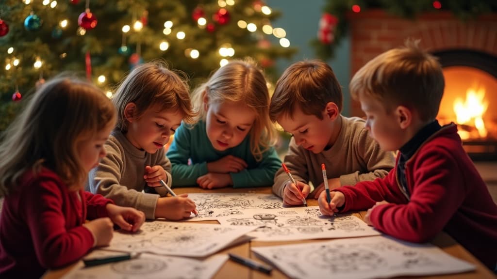 Niños disfrutando de imprimibles navideños con decoraciones festivas