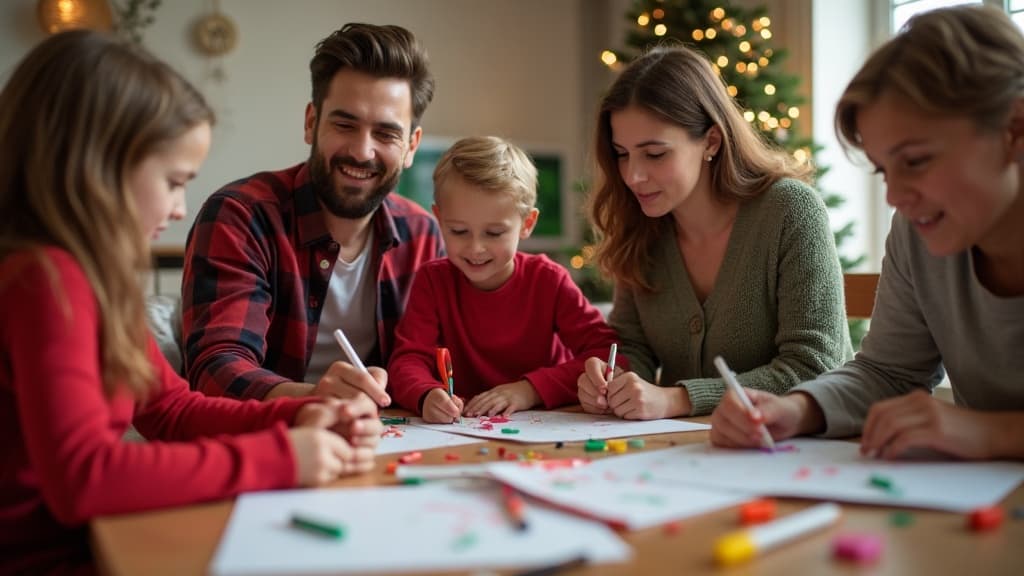 Familie bastelt gemeinsam Weihnachtsdekorationen