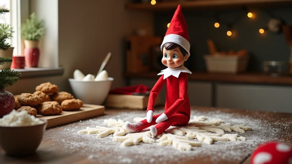 Un elfo en el estante con una sonrisa traviesa, rodeado de decoraciones navideñas